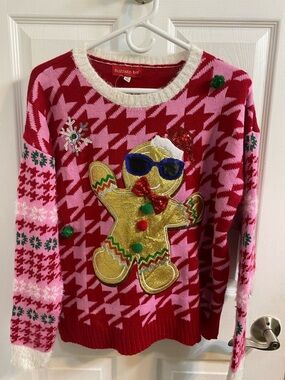 Blizzard Bay Sparkles Sequins Gingerbread Man Pink Ugly Christmas Sweater Medium
